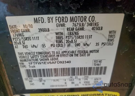 2010 Ford F150 Supercrew z USA, uszkodzony, nr VIN 1FTFW1EV6AFD92340